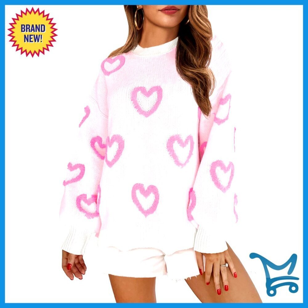 Oversized Chunky Knit Heart Sweater Y2K Cute Winter Pullover Side Slit